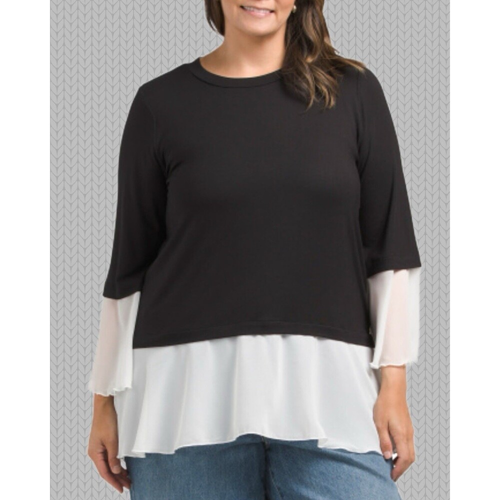 "Kim & Cami" Women’s Plus Size Mixed Media Tunic Top Black & White  1X NWT